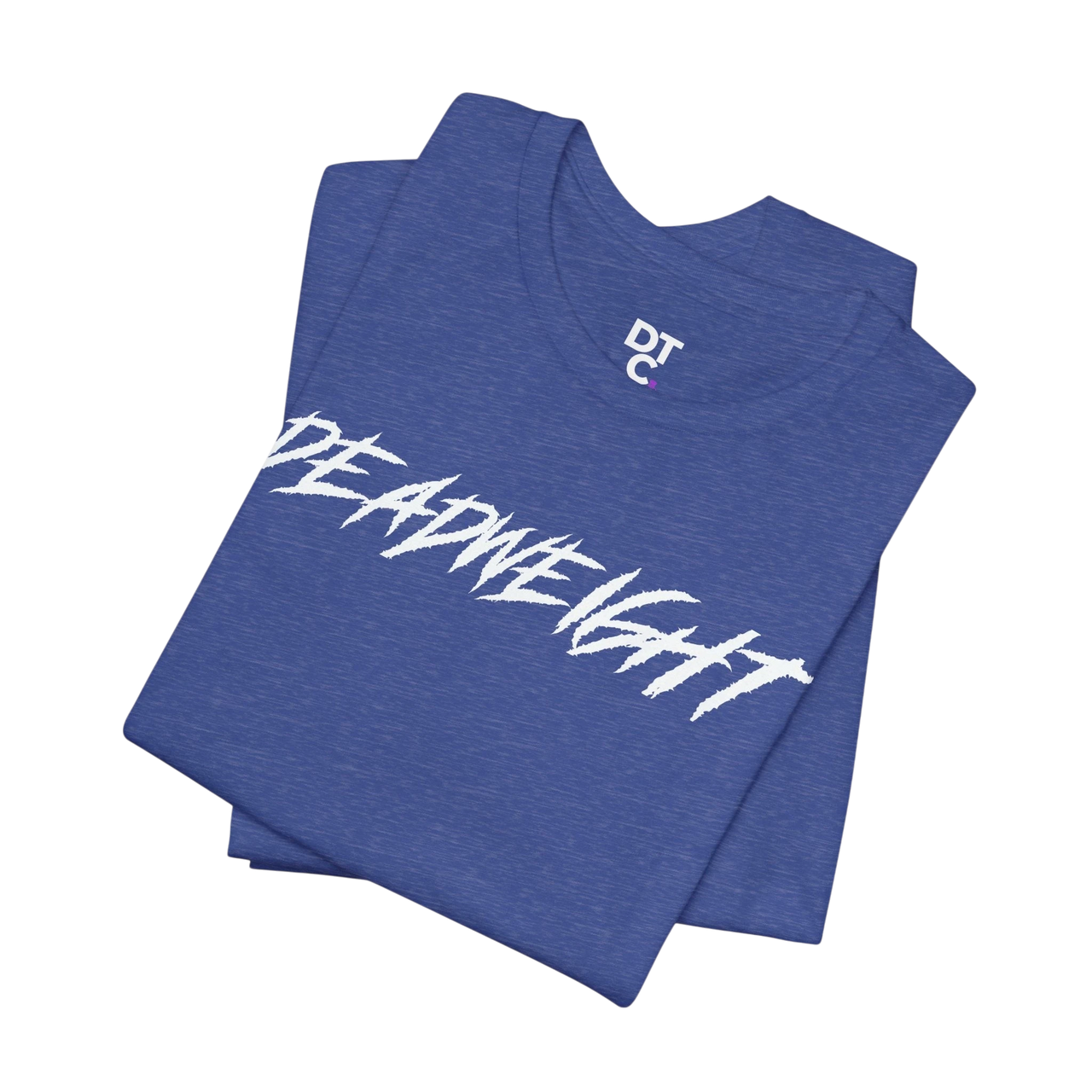 DailyThreadCo. blue crew-neck gym t-shirt with white jagged DEADWEIGHT graphic print on soft Airlume combed cotton.