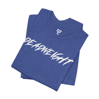 DailyThreadCo. blue crew-neck gym t-shirt with white jagged DEADWEIGHT graphic print on soft Airlume combed cotton.