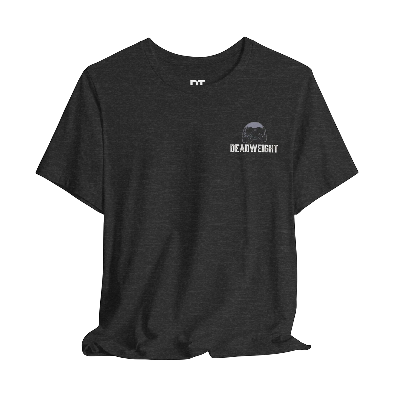 DailyThreadCo. dark grey cotton graphic gym tee with 'DEADWEIGHT' text and skull emblem on chest.