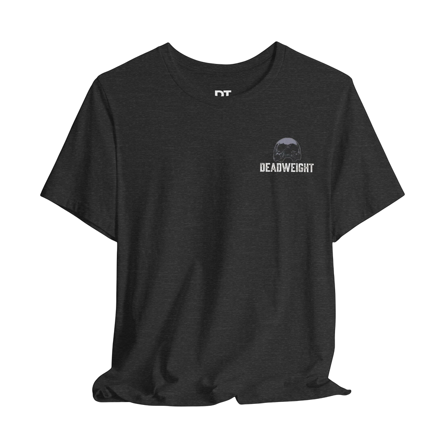DailyThreadCo. dark grey cotton graphic gym tee with 'DEADWEIGHT' text and skull emblem on chest.