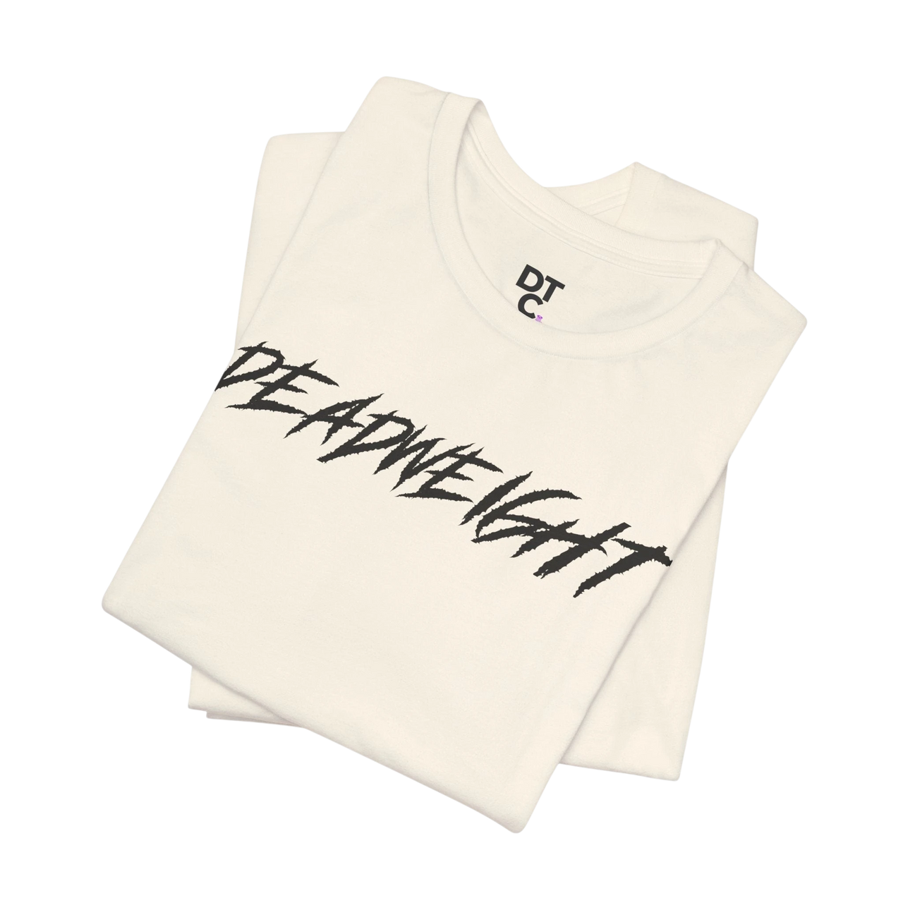 DailyThreadCo. off-white crew-neck gym t-shirt featuring bold black DEADWEIGHT graphic print on soft cotton fabric.