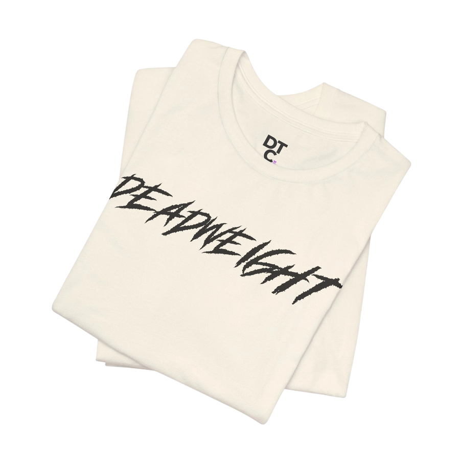 DailyThreadCo. off-white crew-neck gym t-shirt featuring bold black DEADWEIGHT graphic print on soft cotton fabric.