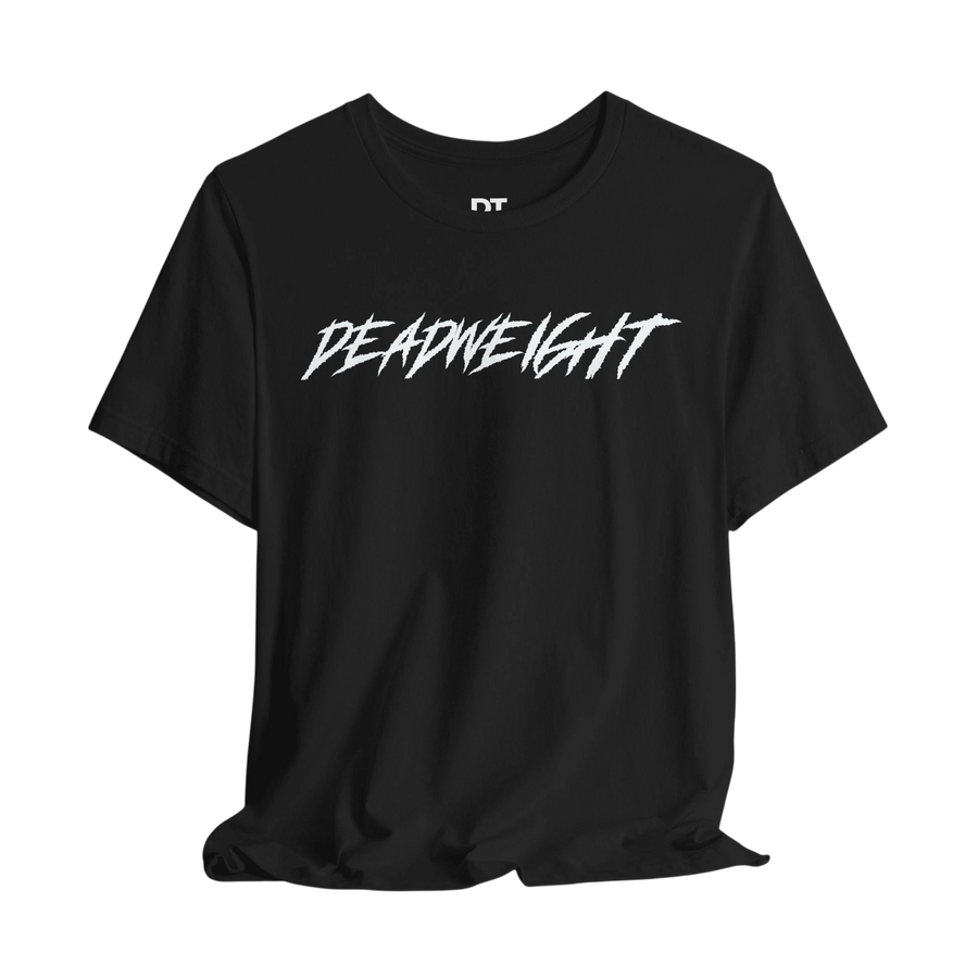 DailyThreadCo. black crew-neck gym t-shirt with white jagged DEADWEIGHT graphic on the chest, made of soft cotton.