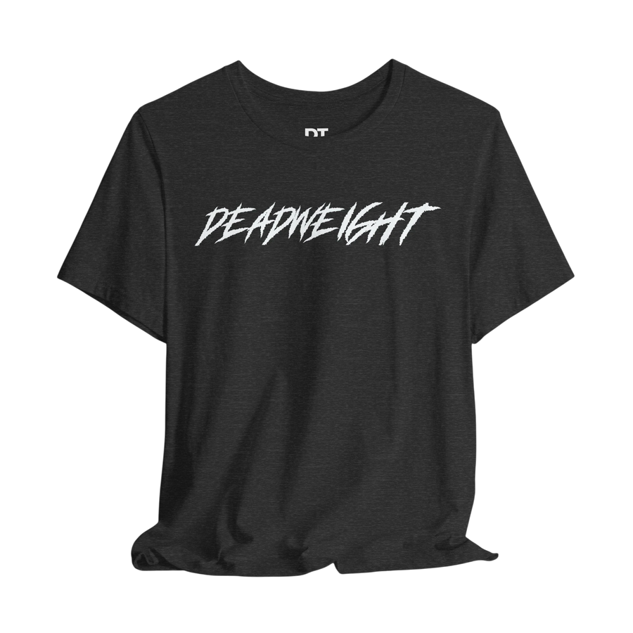 DailyThreadCo. charcoal grey crew-neck gym t-shirt with bold white DEADWEIGHT graphic print on the chest.