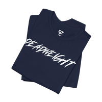 DailyThreadCo. navy blue crew-neck gym t-shirt with bold white DEADWEIGHT graphic print in a folded display.