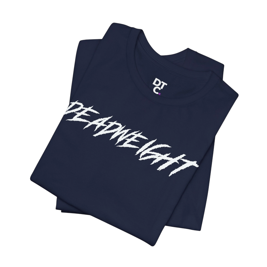 DailyThreadCo. navy blue crew-neck gym t-shirt with bold white DEADWEIGHT graphic print in a folded display.