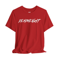DailyThreadCo. red crew-neck gym t-shirt featuring bold white DEADWEIGHT text in a jagged, motivational font.