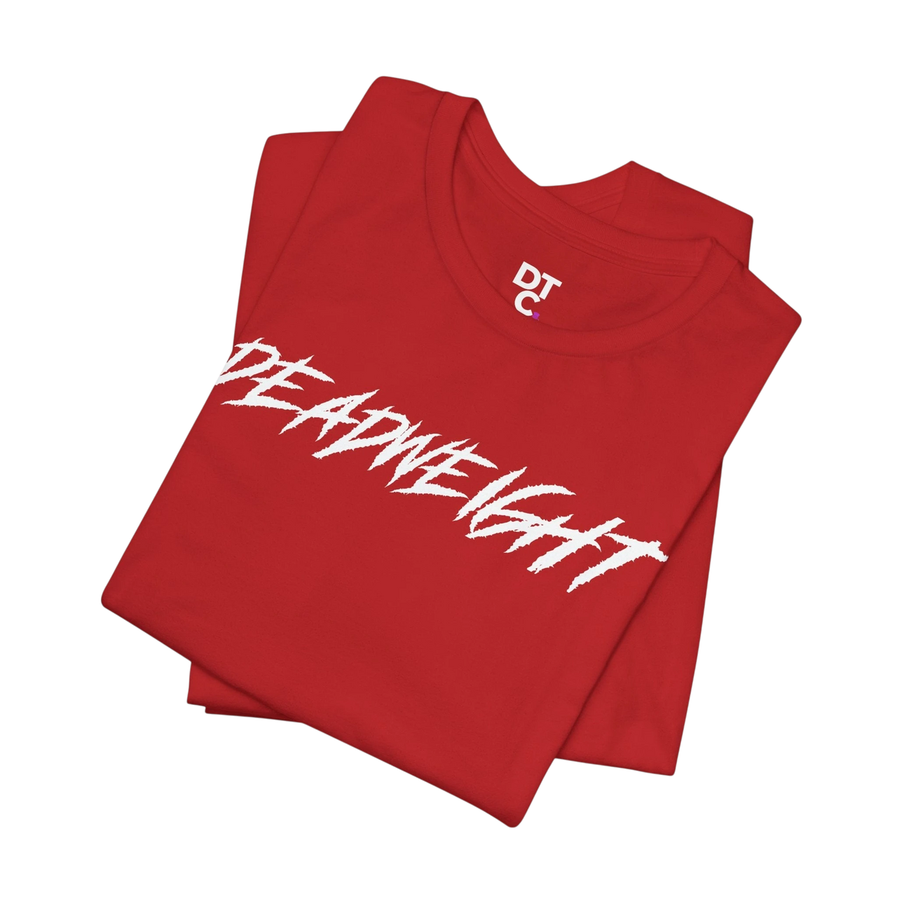DailyThreadCo. red crew-neck gym t-shirt with white jagged DEADWEIGHT graphic print on soft combed cotton fabric.