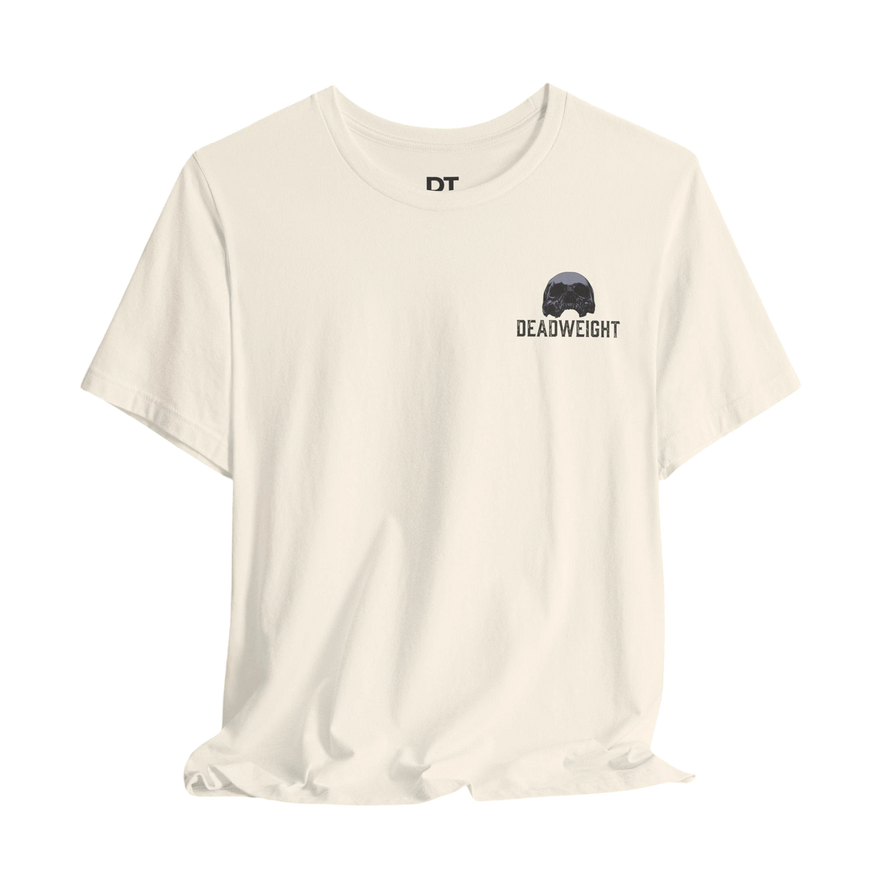 DailyThreadCo. cream 100% cotton t-shirt with distressed skull graphic and "DEADWEIGHT" text on chest.