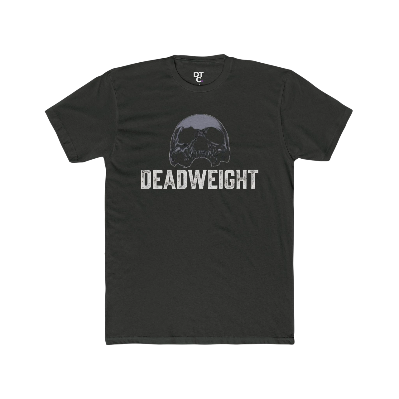 DailyThreadCo. dark grey cotton t-shirt with a vintage gothic skull logo and "DEADWEIGHT" text graphic.