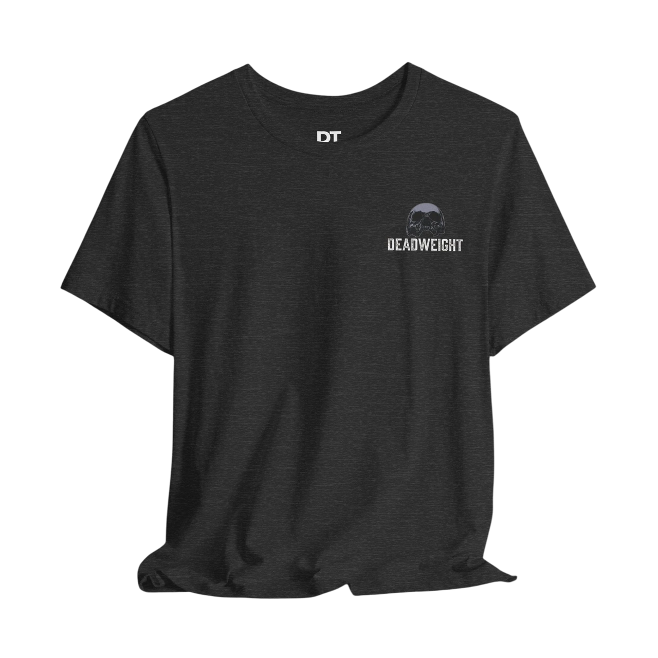 DailyThreadCo. dark charcoal grey 100% cotton t-shirt with distressed skull and "DEADWEIGHT" graphic on chest.