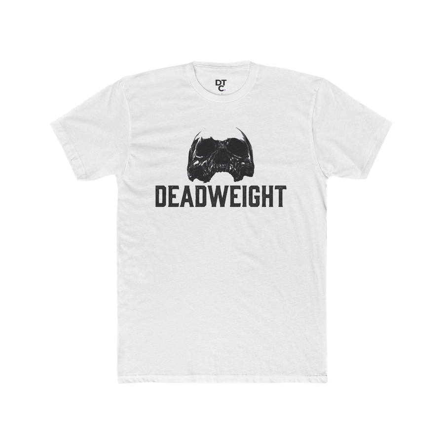 DailyThreadCo. white cotton t-shirt with a black skull graphic and "DEADWEIGHT" text below. Vintage gothic gym style.