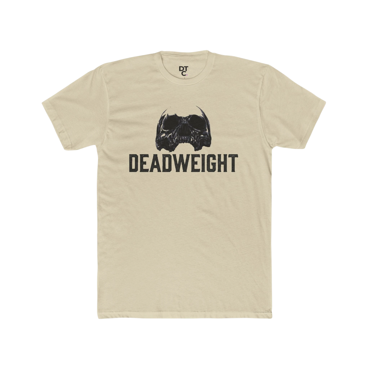 DailyThreadCo. cream cotton graphic tee with black skull and "DEADWEIGHT" logo. Crew neck, short sleeves.