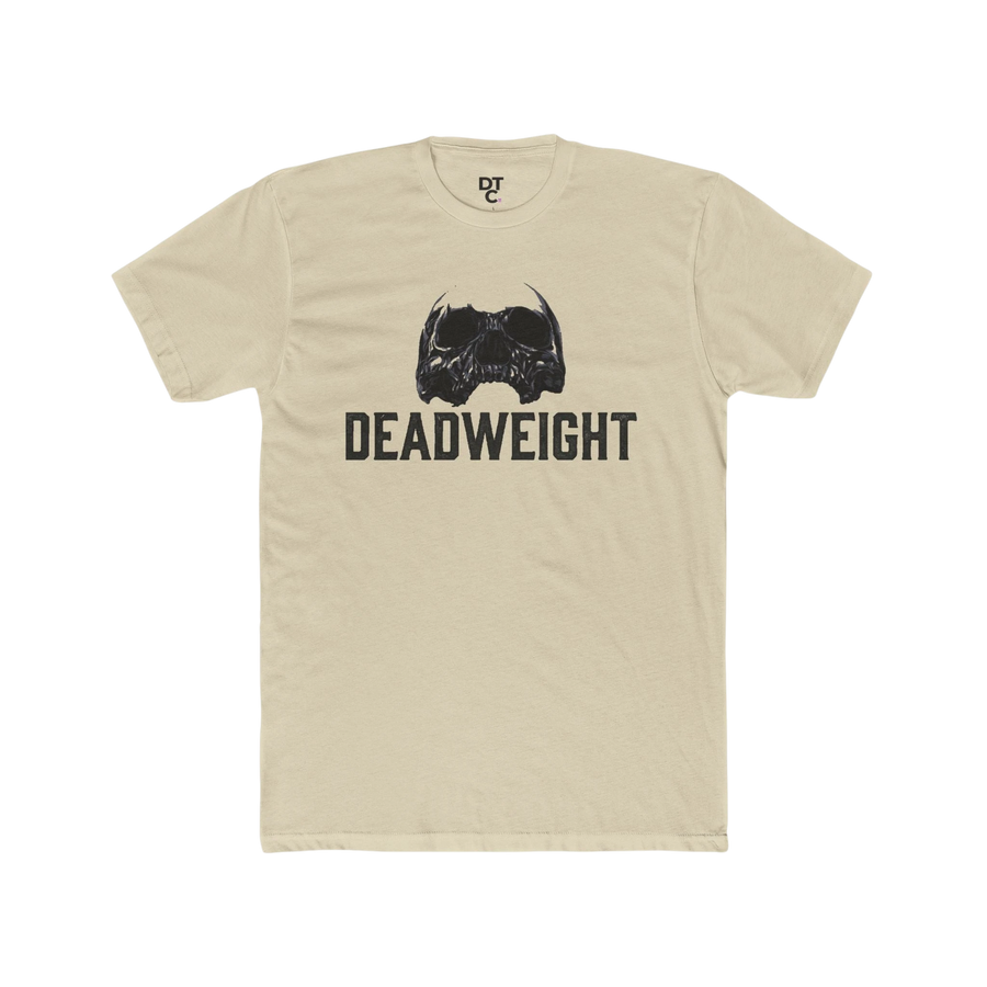DailyThreadCo. cream cotton graphic tee with black skull and "DEADWEIGHT" logo. Crew neck, short sleeves.