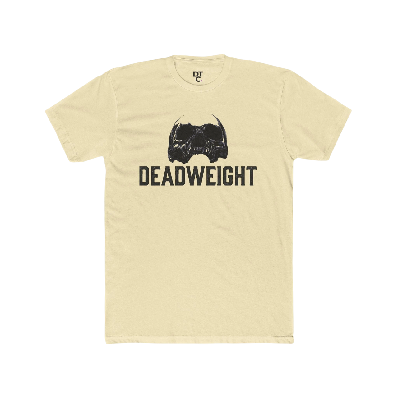 DailyThreadCo. cream cotton t-shirt with a black skull graphic and "DEADWEIGHT" text. Gothic gym style.