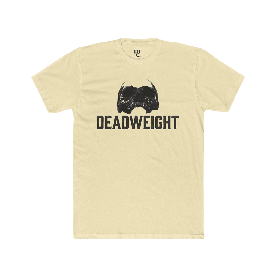 DailyThreadCo. cream cotton t-shirt with a black skull graphic and "DEADWEIGHT" text. Gothic gym style.
