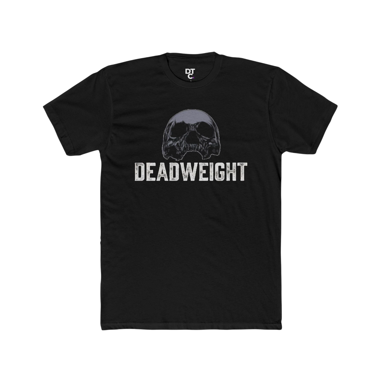 DailyThreadCo. black cotton t-shirt with a distressed skull graphic and "DEADWEIGHT" text below. Gothic gym style.