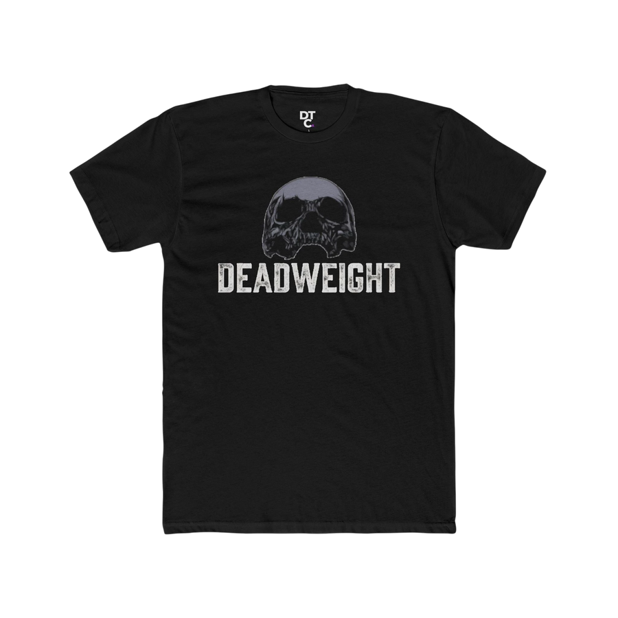 DailyThreadCo. black cotton t-shirt with a distressed skull graphic and "DEADWEIGHT" text below. Gothic gym style.