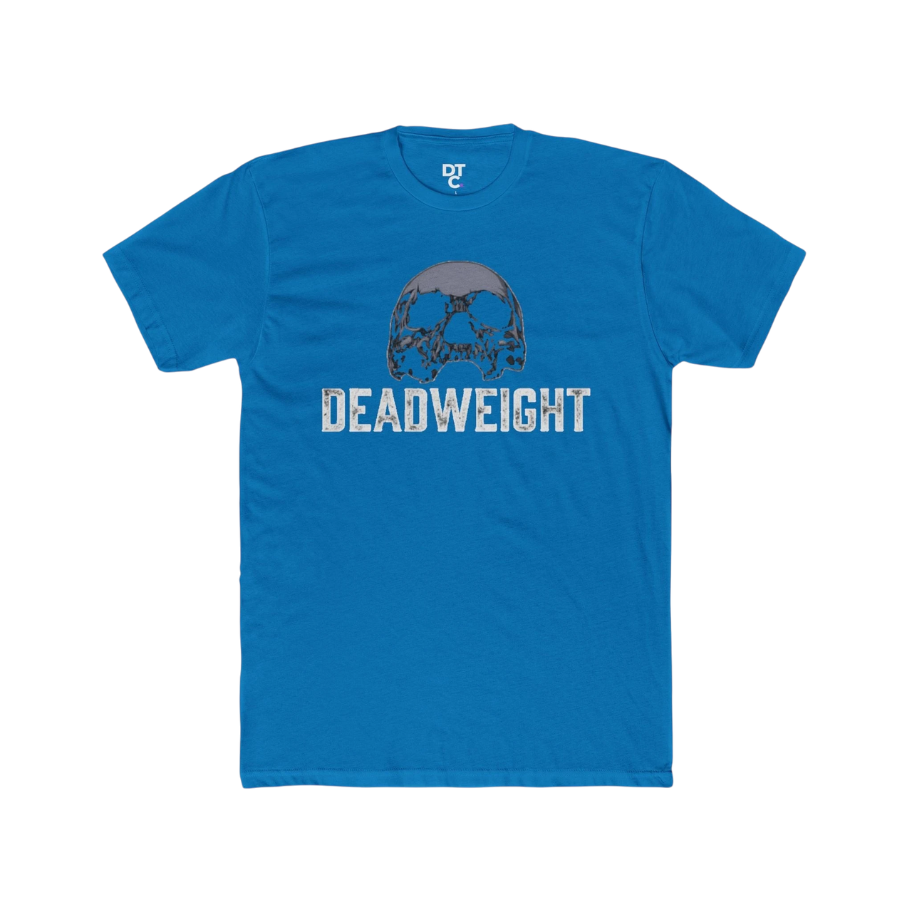 DailyThreadCo. blue cotton t-shirt with a distressed skull graphic and "DEADWEIGHT" text. Gothic gym style.