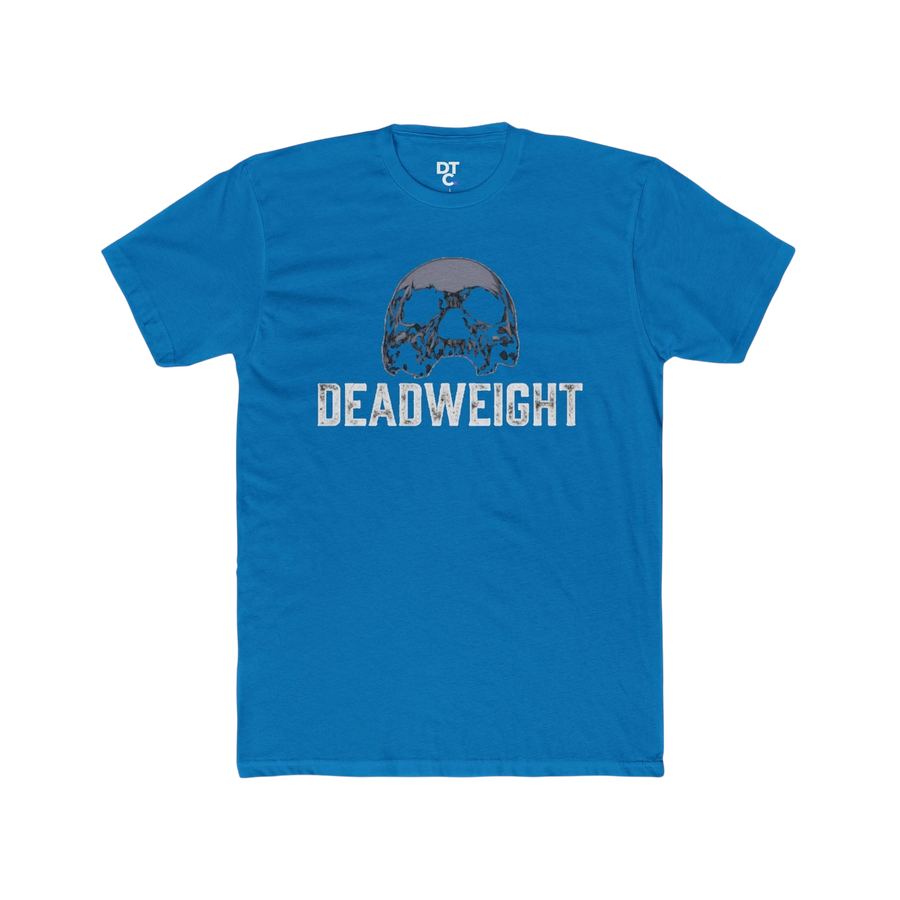 DailyThreadCo. blue cotton t-shirt with a distressed skull graphic and "DEADWEIGHT" text. Gothic gym style.