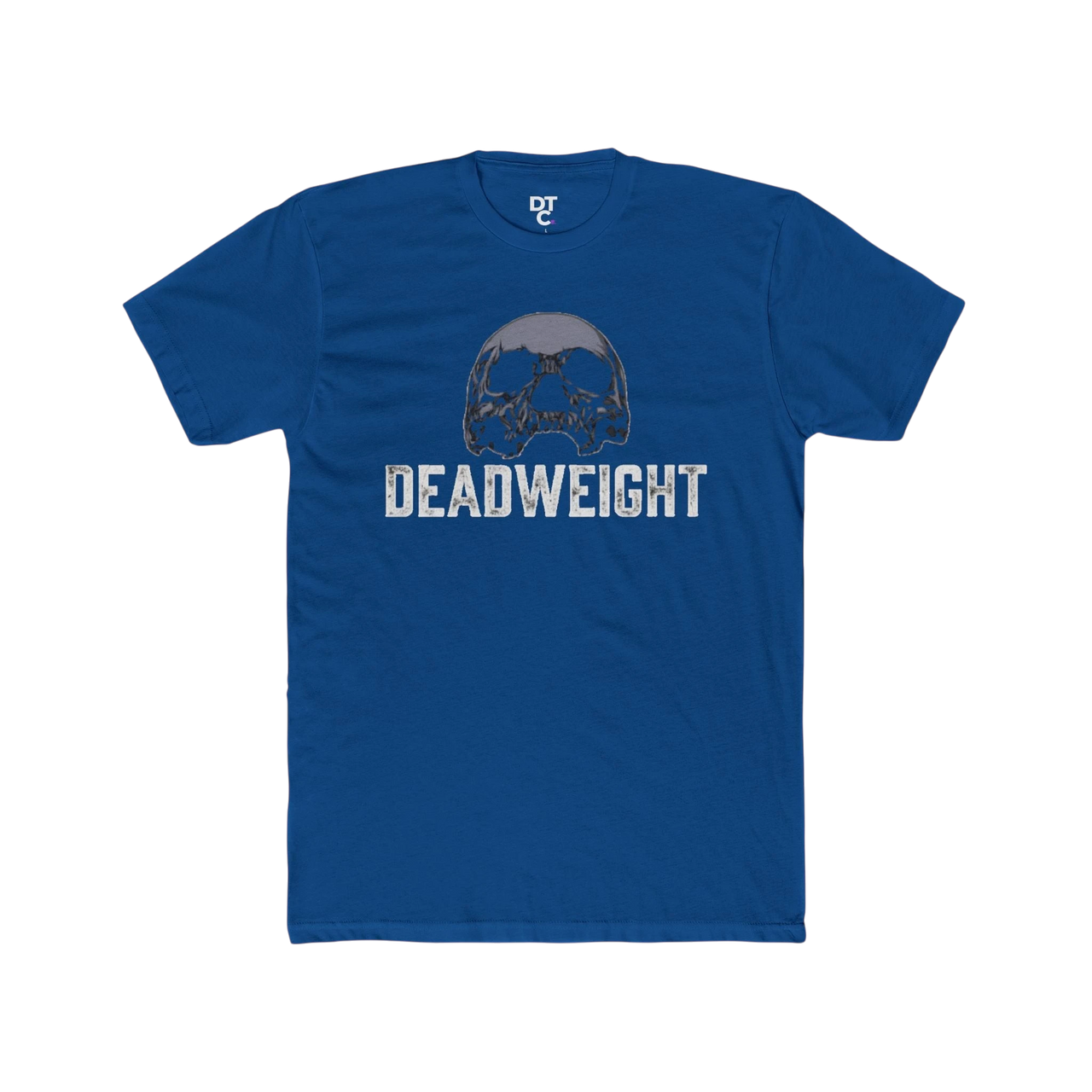 DailyThreadCo. blue cotton crew neck t-shirt with a distressed skull graphic and "DEADWEIGHT" text. Short sleeves, relaxed fit.