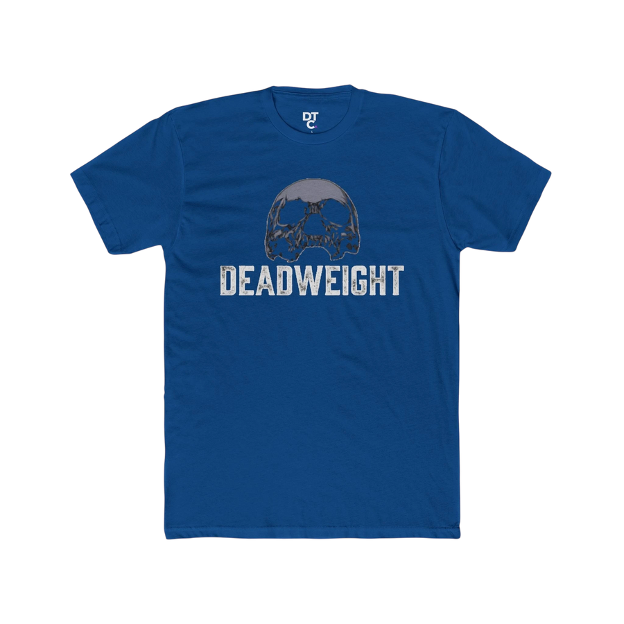DailyThreadCo. blue cotton crew neck t-shirt with a distressed skull graphic and "DEADWEIGHT" text. Short sleeves, relaxed fit.