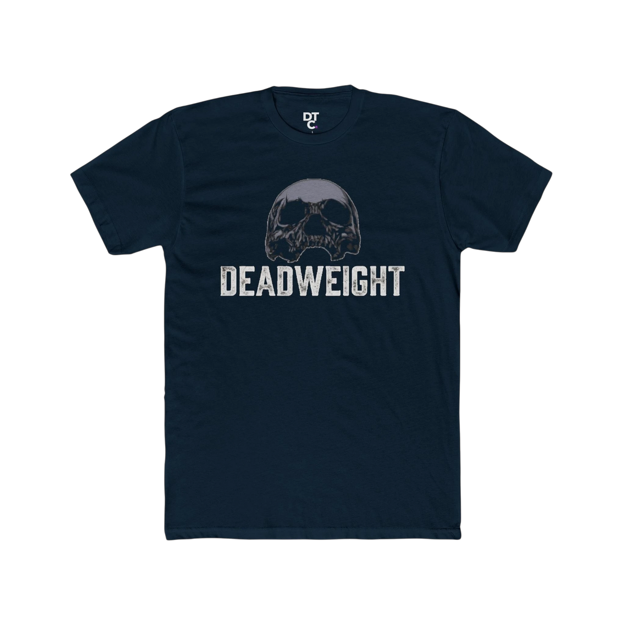 DailyThreadCo. navy blue cotton t-shirt with a distressed skull graphic and "DEADWEIGHT" text. Crew neck, short sleeves.