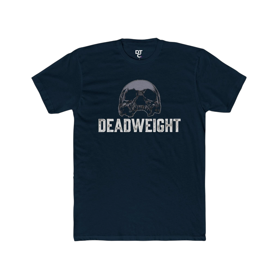 DailyThreadCo. navy blue cotton t-shirt with a distressed skull graphic and "DEADWEIGHT" text. Crew neck, short sleeves.