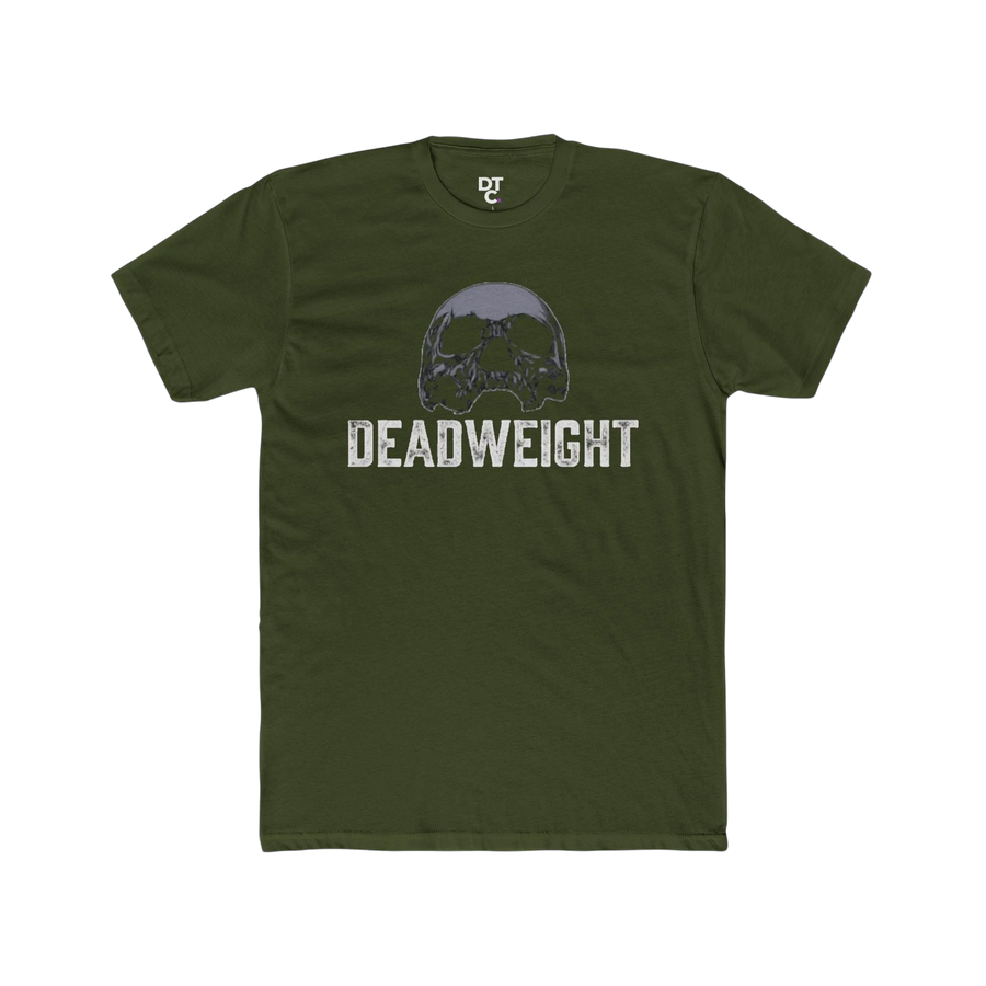 DailyThreadCo. olive green cotton t-shirt with a distressed skull graphic and "DEADWEIGHT" text. Crew neck, short sleeves.