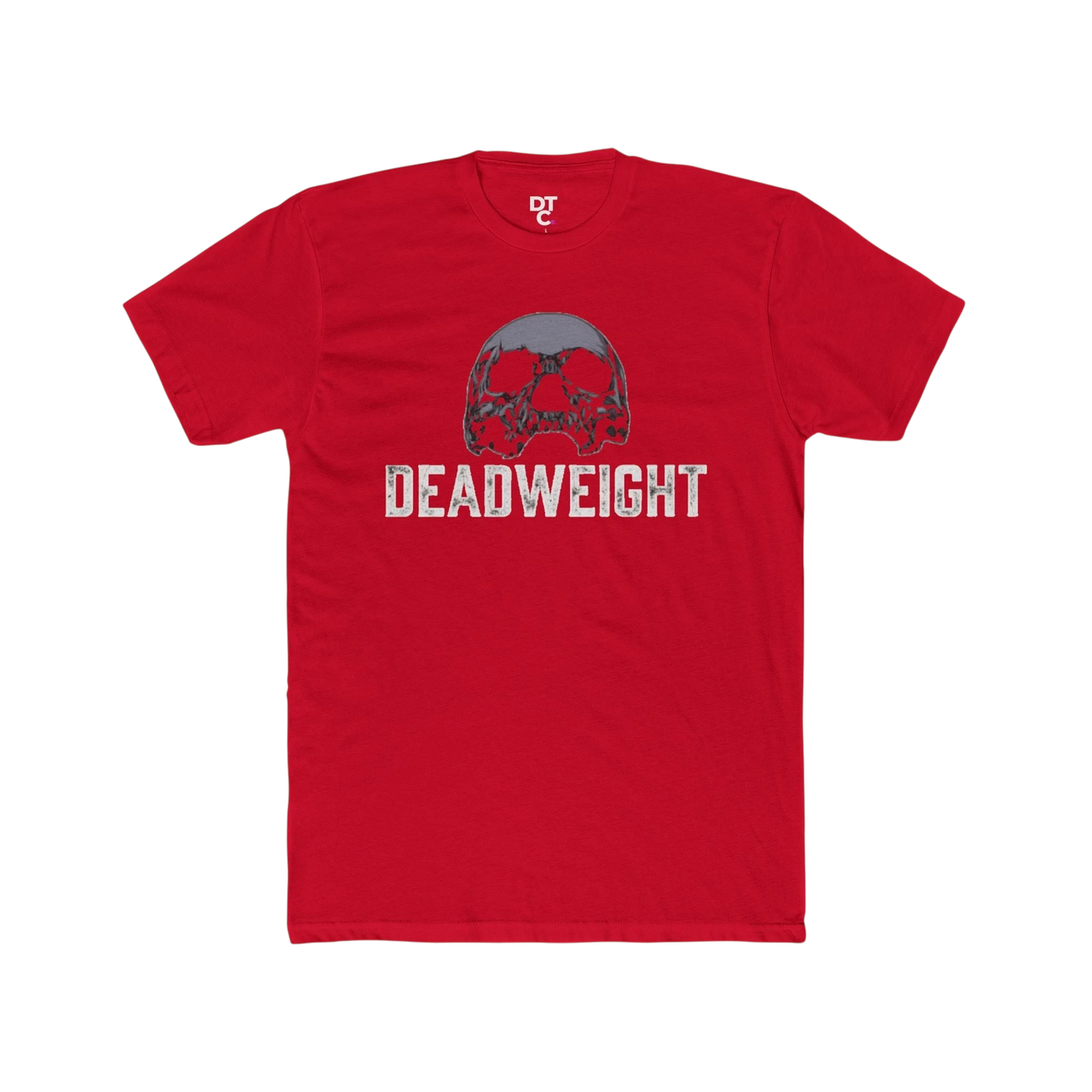DailyThreadCo. red cotton t-shirt with a distressed skull graphic and "DEADWEIGHT" text. Crew neck, short sleeves.