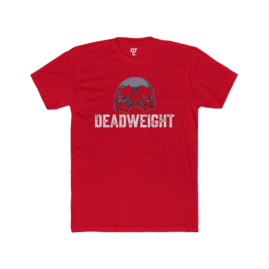 DailyThreadCo. red cotton t-shirt with a distressed skull graphic and "DEADWEIGHT" text. Crew neck, short sleeves.