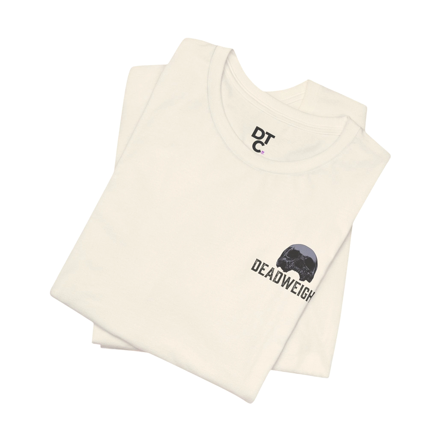 DailyThreadCo. cream 100% cotton t-shirt with distressed skull graphic and "DEADWEIGHT" text on chest.