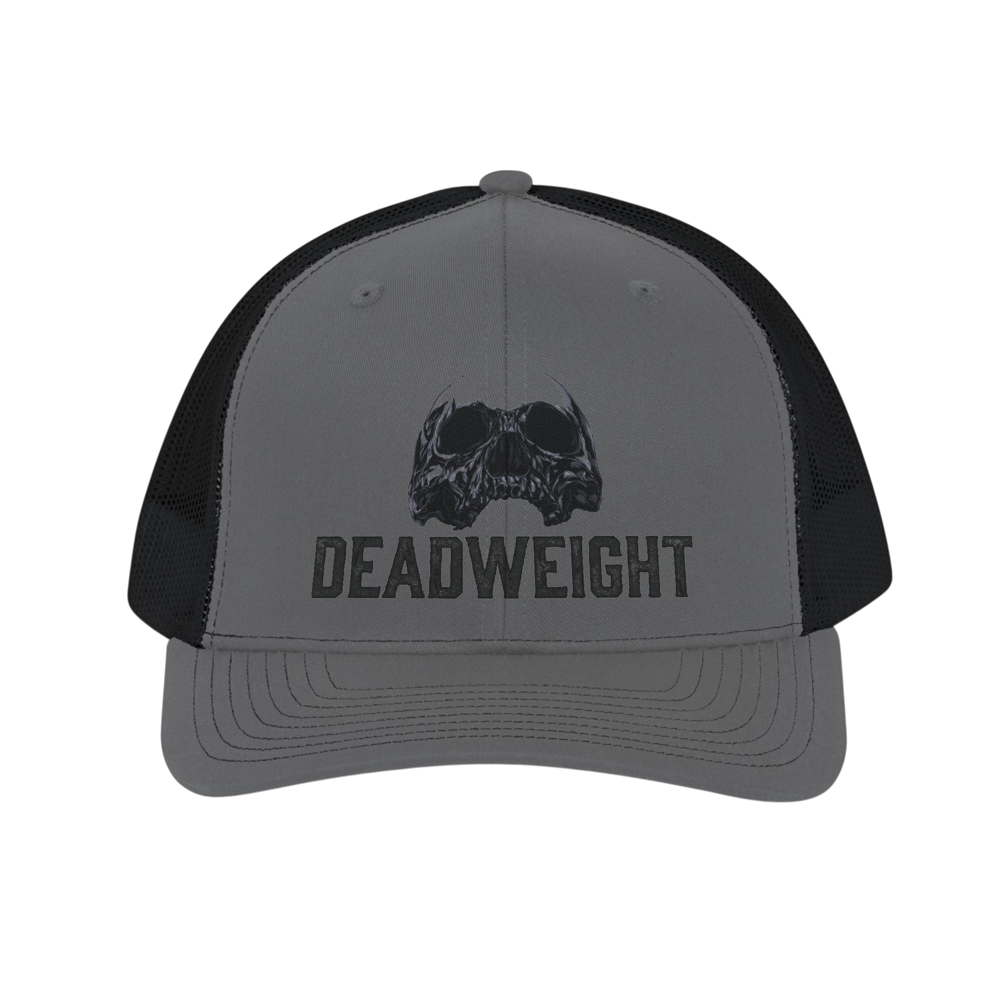 DailyThreadCo. grey trucker cap with black mesh back, featuring a distressed skull graphic and "DEADWEIGHT" logo.
