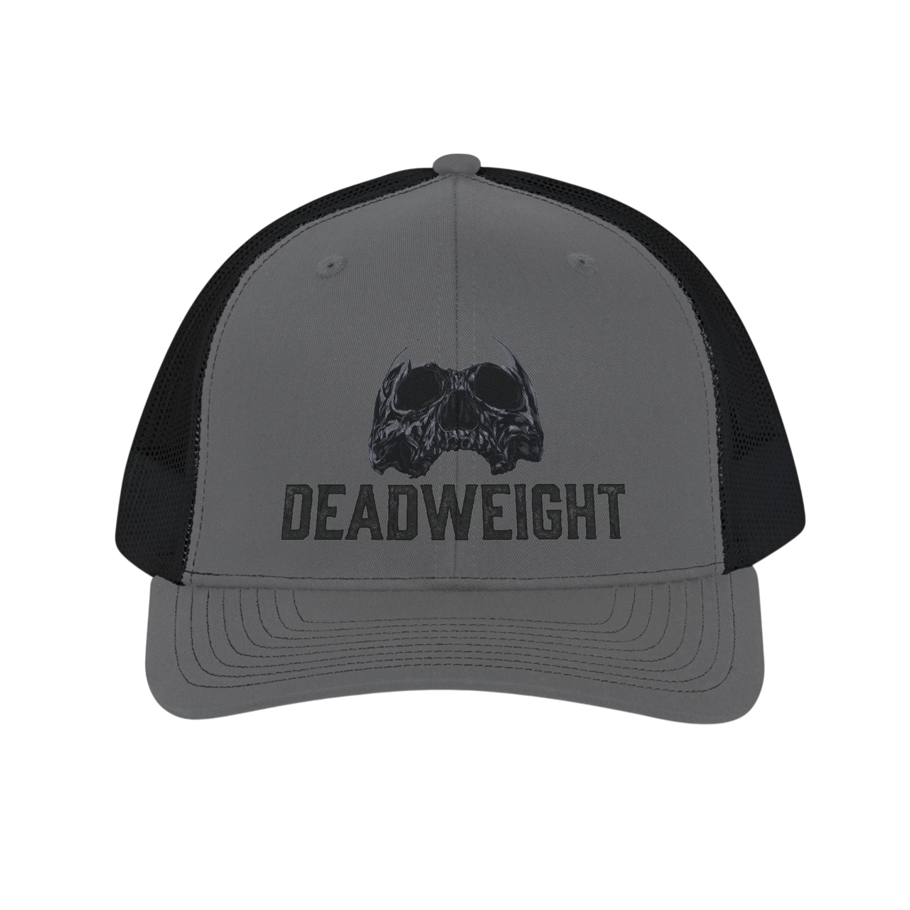 DailyThreadCo. grey trucker cap with black mesh back, featuring a distressed skull graphic and "DEADWEIGHT" logo.