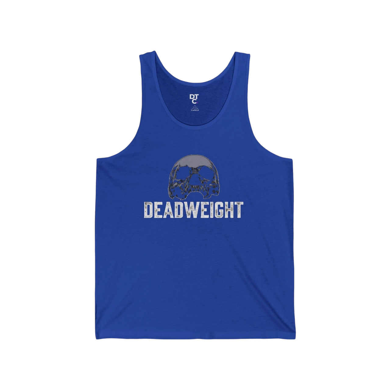 DailyThreadCo. blue 100% cotton tank top with a faded skull graphic and DEADWEIGHT text. Lightweight and breathable for workouts.