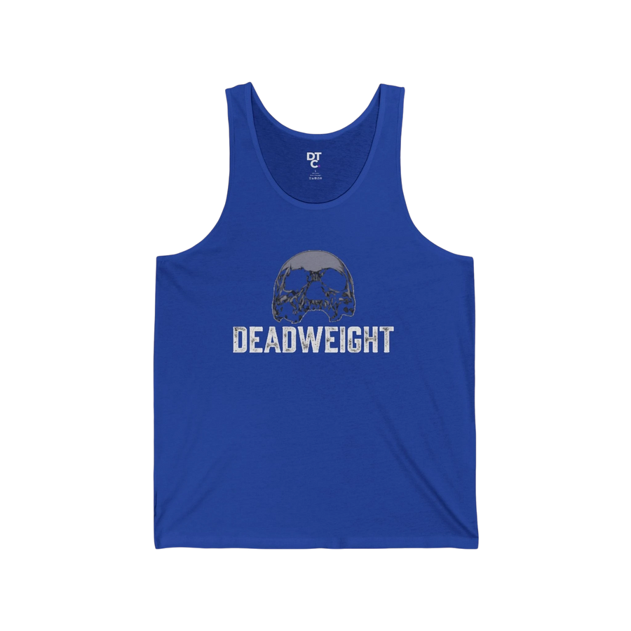 DailyThreadCo. blue 100% cotton tank top with a faded skull graphic and DEADWEIGHT text. Lightweight and breathable for workouts.