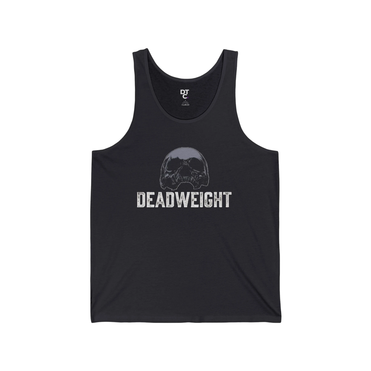 DailyThreadCo. dark grey 100% cotton tank top with faded skull graphic and DEADWEIGHT text. Lightweight, breathable, ideal for fitness.