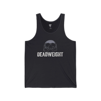 DailyThreadCo. dark grey 100% cotton tank top with faded skull graphic and DEADWEIGHT text. Lightweight, breathable, ideal for fitness.