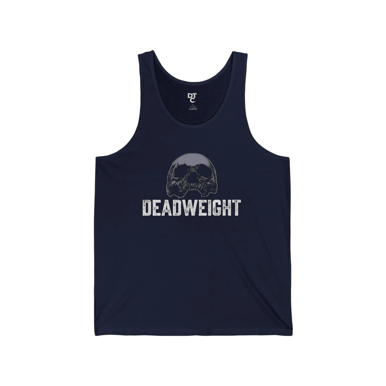 DailyThreadCo. navy blue cotton tank top with faded skull graphic and DEADWEIGHT text. Lightweight, breathable, ideal for fitness.
