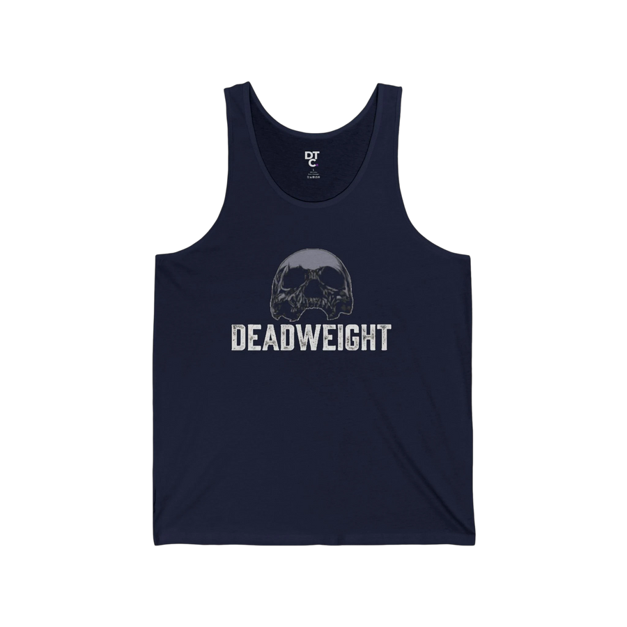 DailyThreadCo. navy blue cotton tank top with faded skull graphic and DEADWEIGHT text. Lightweight, breathable, ideal for fitness.