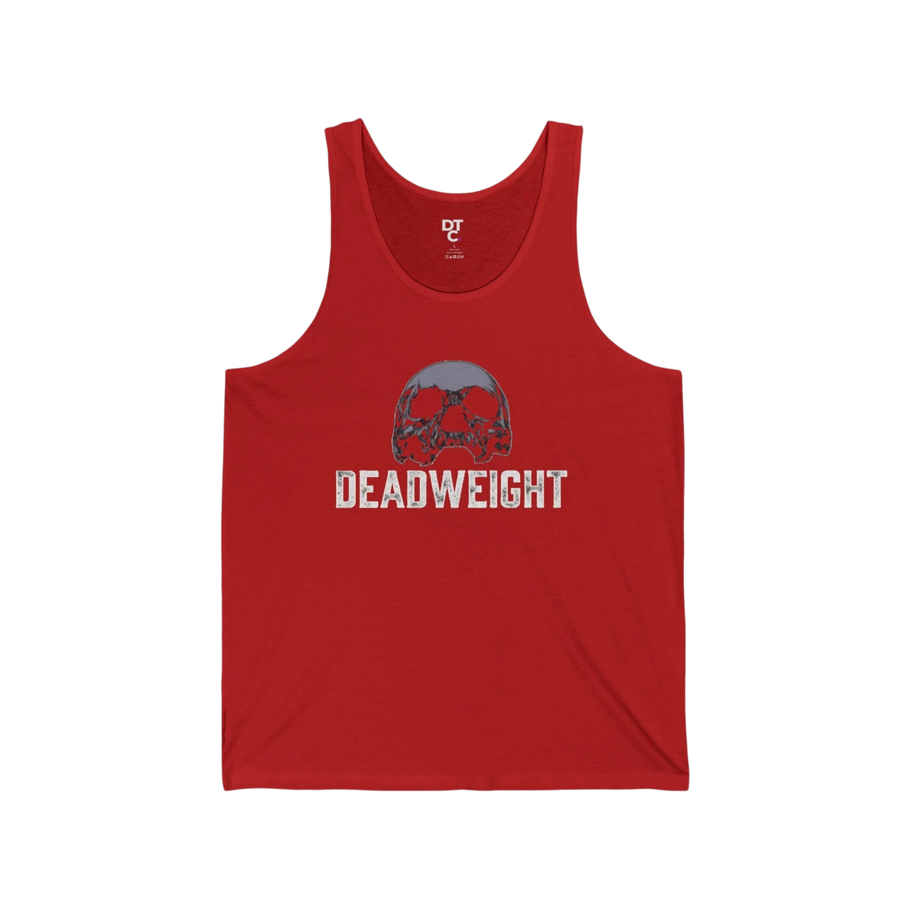 DailyThreadCo. red cotton tank top with faded skull graphic and "DEADWEIGHT" text. Lightweight, breathable, ideal for workouts.