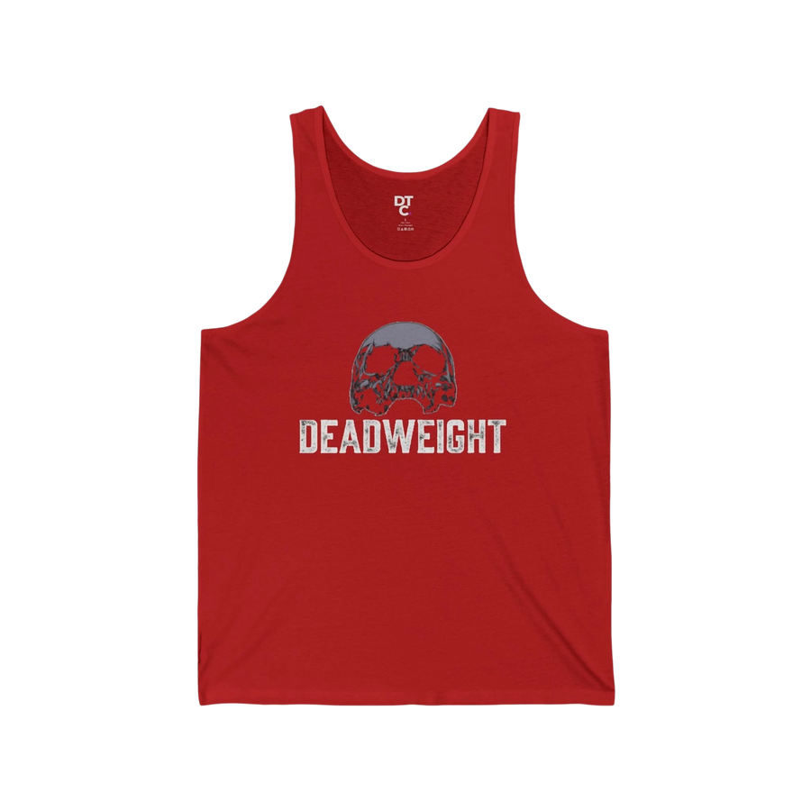 DailyThreadCo. red cotton tank top with faded skull graphic and "DEADWEIGHT" text. Lightweight, breathable, ideal for workouts.