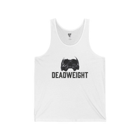 DailyThreadCo. white 100% cotton tank top with a faded skull graphic and DEADWEIGHT text. Slim fit, breathable.
