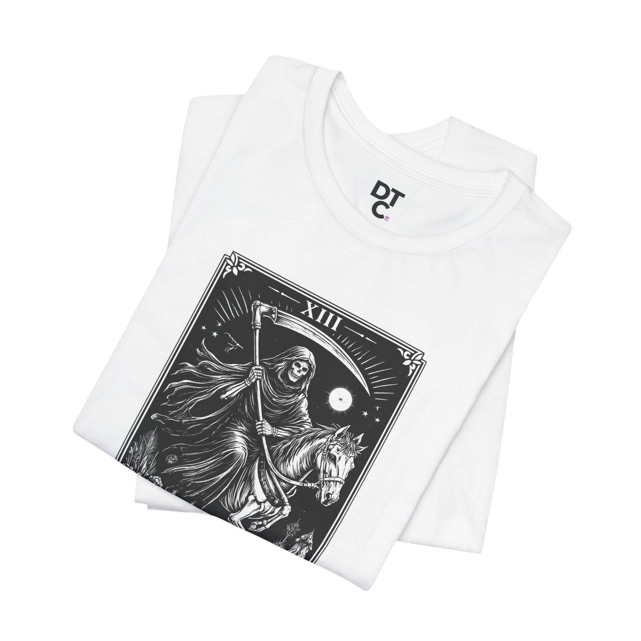 DailyThreadCo. white 100% Airlume cotton t-shirt with a monochrome Death Tarot card graphic featuring a skeleton on horseback and a scythe.