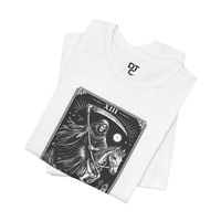 DailyThreadCo. white 100% Airlume cotton t-shirt with a monochrome Death Tarot card graphic featuring a skeleton on horseback and a scythe.