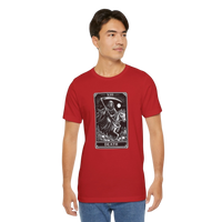 DailyThreadCo. red cotton t-shirt with a black and white Death Tarot card graphic featuring a skeleton on a horse.