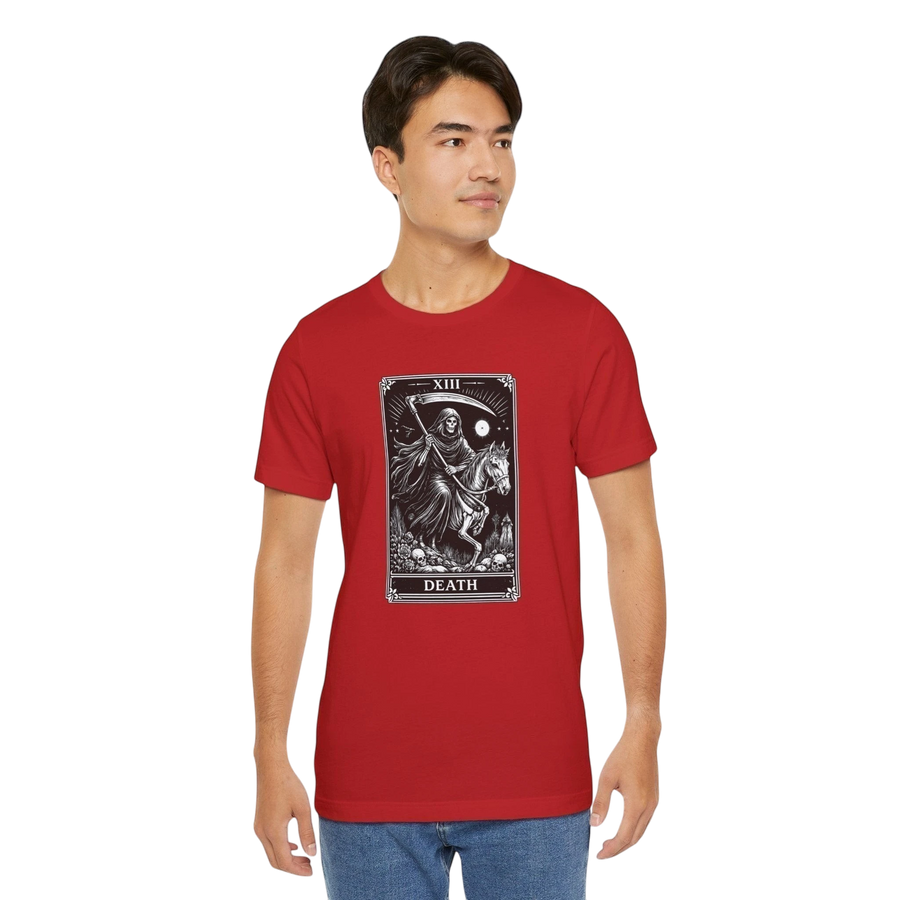 DailyThreadCo. red cotton t-shirt with a black and white Death Tarot card graphic featuring a skeleton on a horse.