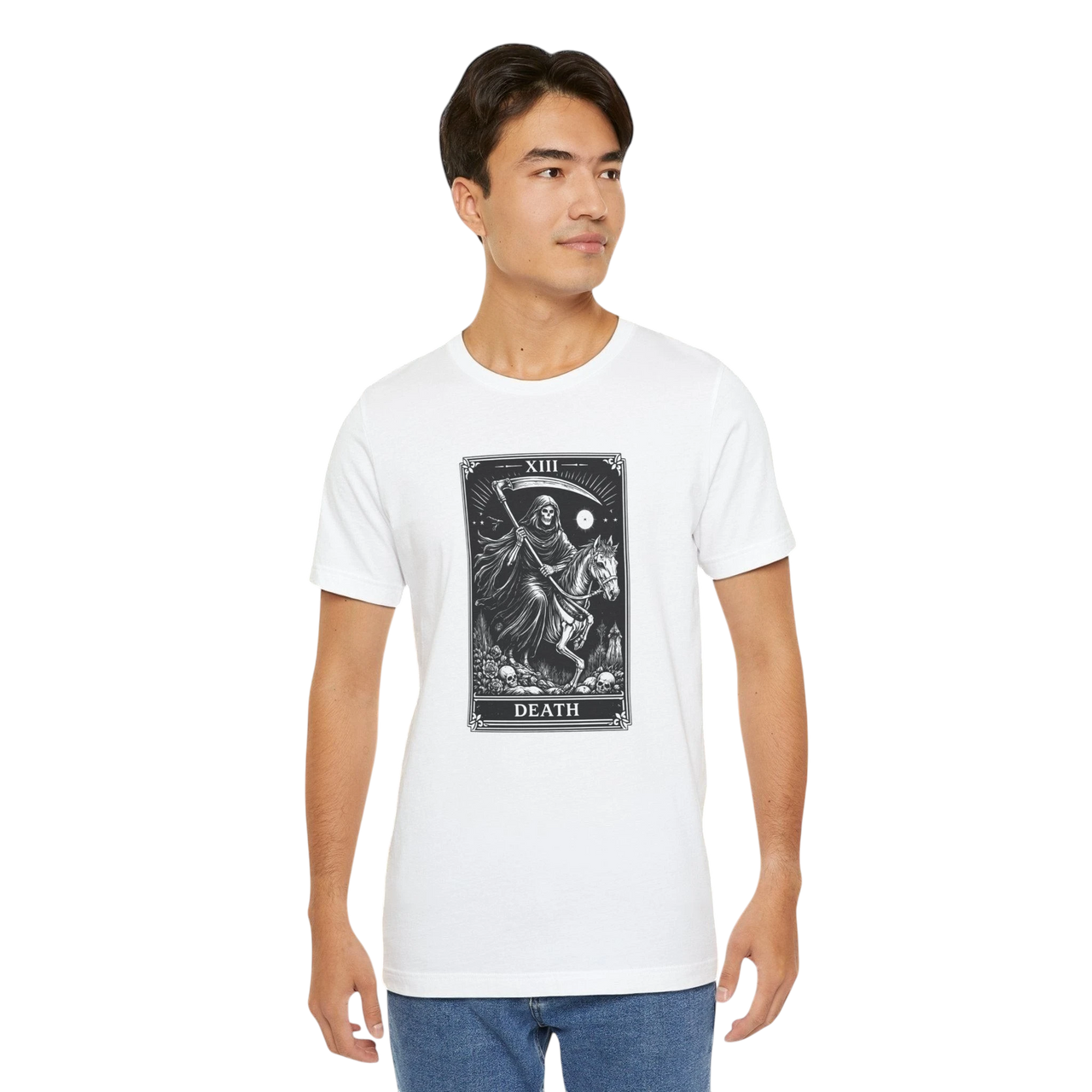 DailyThreadCo. white 100% cotton t-shirt with a black and white Death Tarot card graphic. Features a skeleton on horseback with a scythe.