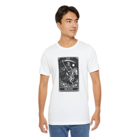 DailyThreadCo. white 100% cotton t-shirt with a black and white Death Tarot card graphic. Features a skeleton on horseback with a scythe.