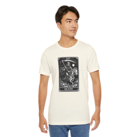 DailyThreadCo. cream 100% Airlume cotton t-shirt with a monochrome Death Tarot card graphic on the front.